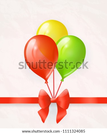 Colored balloons with red bow and ribbon. Vector greeting card