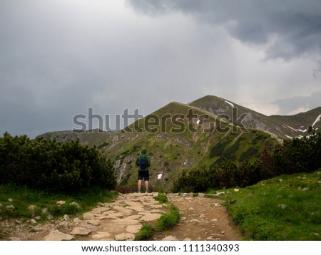 successful hiker observing on mountain peak cliff edge