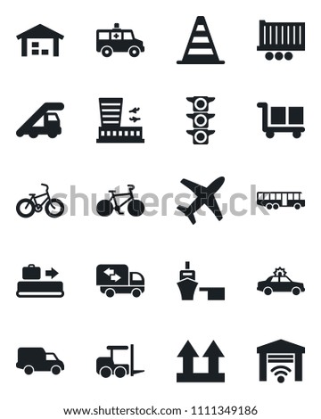 Set of vector isolated black icon - baggage conveyor vector, airport bus, alarm car, fork loader, ladder, border cone, building, ambulance, bike, plane, traffic light, truck trailer, delivery, cargo