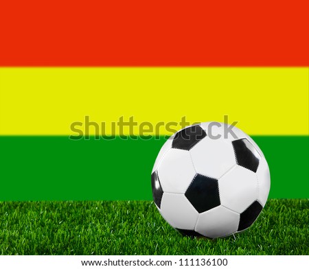 The Bolivian flag and soccer ball on the green grass