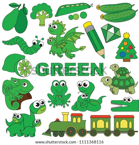 Green Objects Color elements set, collection of coloring book template, the group of outline digital elements vector illustration, kid educational game page.