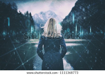 Futuristic business woman and artistic digital cyber space background with computer binary numbers data illustration.