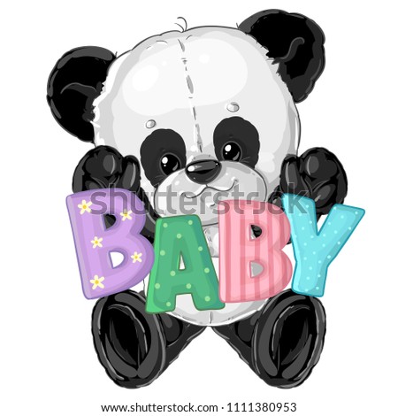 Little cute panda with word baby. Postcard for birth of baby. Children's character. Greeting card.