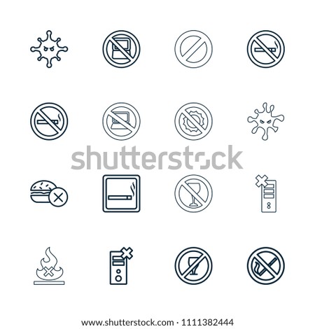 Prohibition icon. collection of 16 prohibition outline icons such as no laptop, smoking area, no smoking, bacteria. editable prohibition icons for web and mobile.