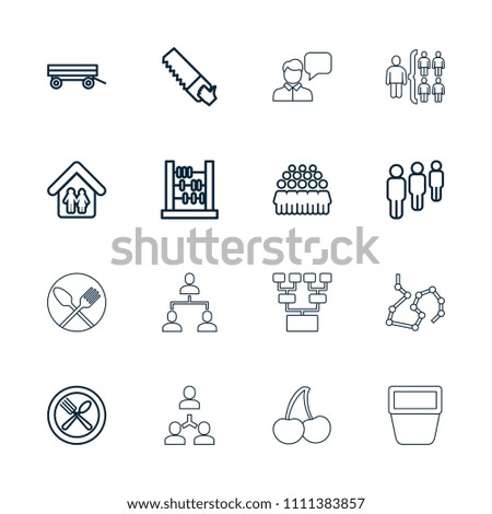 Group icon. collection of 16 group outline icons such as barrow, saw, abacus, spoon and fork, family home, cherry, chatting man. editable group icons for web and mobile.