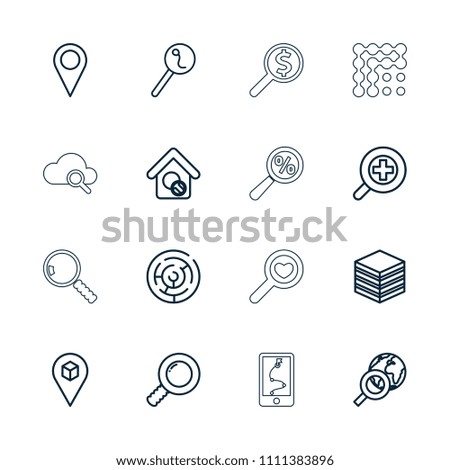 Search icon. collection of 16 search outline icons such as labyrinth, location, archive, zoom in. editable search icons for web and mobile.