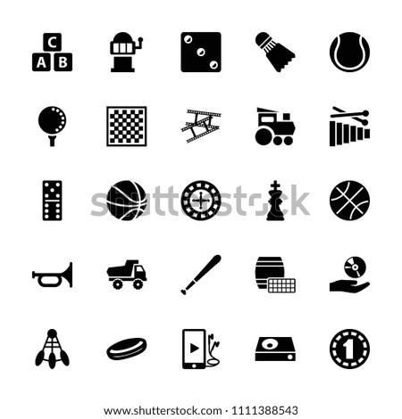 Play icon. collection of 25 play filled icons such as abc cube, toy car, roulette, domino, slot machine, trumpet, hockey puck. editable play icons for web and mobile.