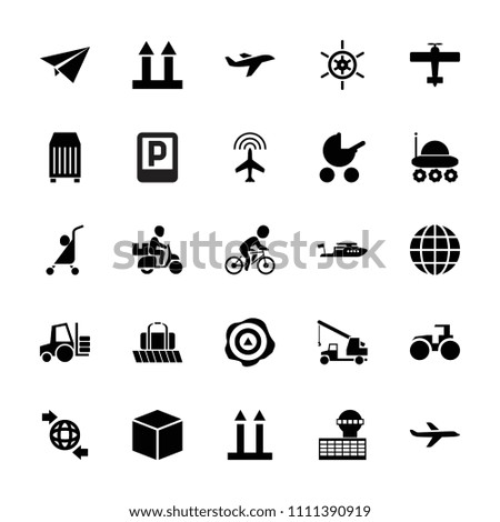 Transport icon. collection of 25 transport filled icons such as plane, baby stroller, boat, tractor, box, cargo arrow up. editable transport icons for web and mobile.