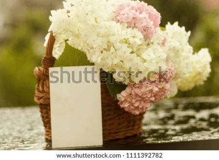 Bouquet of flowers in a basket with isolated blank paper