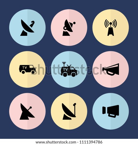 Set of 9 broadcasting filled icons such as satellite, megaphone, tv van