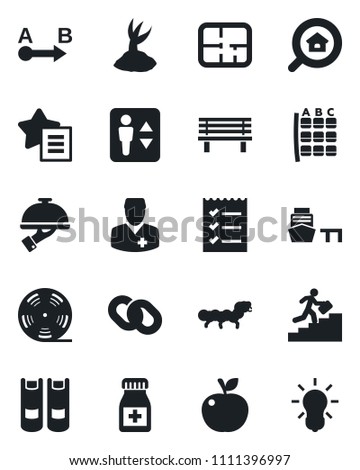 Set of vector isolated black icon - elevator vector, seat map, book, sproute, bench, caterpillar, pills bottle, doctor, sea port, route, reel, chain, favorites list, checklist, career ladder, plan