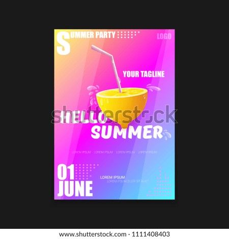 Vector Hello Summer Beach Party vertical A4 poster Design template or mock up with fresh lemon on pink and purple modern style gradient background. Hello summer concept label or flyer 