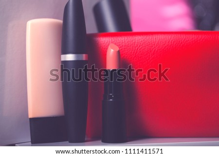 set of decorative cosmetic powder, concealer, eye shadow brush