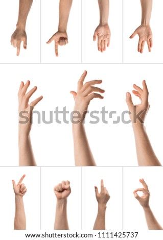 Man hand with the various gesture, open hand, pointing finger, hitting each other, fingers crossed, hold, grab, catch, fist, showing numbers. Isolated on white background. Collage of set photos.