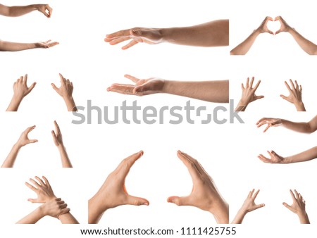 Man hand with the various gesture, open hand, pointing finger, hitting each other, fingers crossed, hold, grab, catch, fist, showing numbers. Isolated on white background. Collage of set photos.
