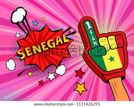 Sports fan male hand in glove raised up celebrating win of Senegal country flag. Senegal speech bubble with stars and clouds. Vector colorful fan illustration in retro pink comic style background
