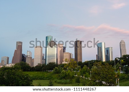 The Houston skyline at sunset from Eleanor Tinsley Park