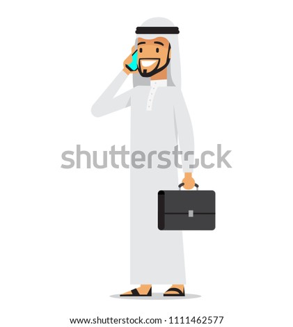 Arabic business man with briefcase standing and talking on phone. Vector character design.