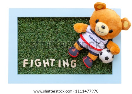 Bear athlete soccer player with green grass field with frame and fighting text, template pattern design used for advertising football world cup.
