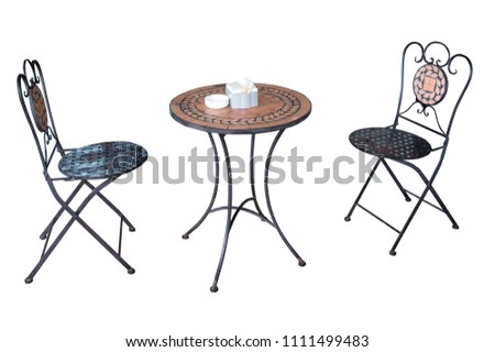 Set of chairs and table made from steel and wooden, furniture for decoration at home, restaurant, gardening and cafe by retro style for sit and relax corner isolate on white background clipping path Royalty-Free Stock Photo #1111499483