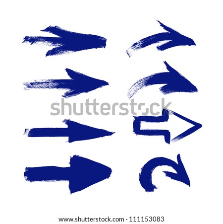Blue vector hand-painted brush stroke arrows collection on black background