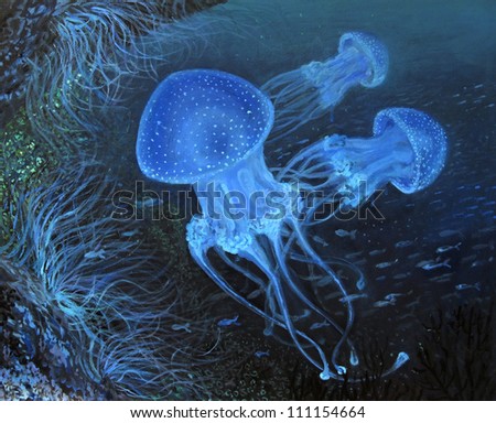 An oil painting on canvas of a marine life deep under the water surface of the ocean with fluorescent blue dotted jellyfishes and beautiful anemones.