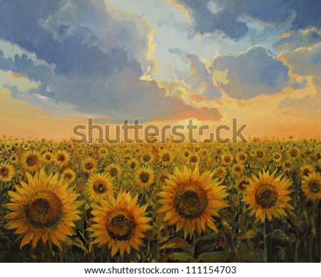 An oil painting on canvas of a breathtaking rural sunset scene with a sunflowers field. Colorful floral landscape lit by the warm light of the sun in the last hours of the day.