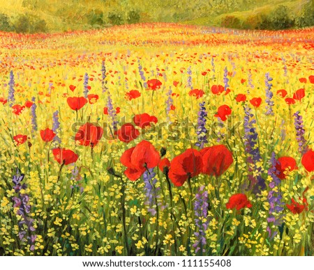 An oil painting on canvas of a colorful rural landscape with a field full of red poppies, yellow rapeseed and blue delphiniums. A sea of blossom in the spring time.