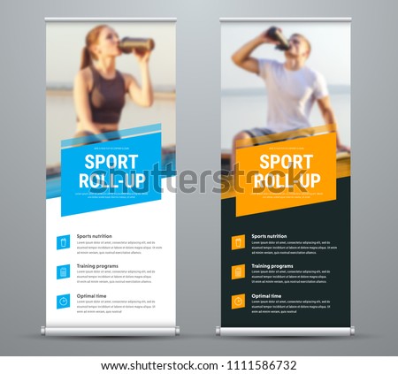 Templates of vector white and black roll-up banners on the theme of sport and sports nutrition, with a place for photos. Universal design with blue and orange diagonal elements. Set Royalty-Free Stock Photo #1111586732
