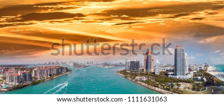 Aerial panoramic view of Miami skyline and coastline from South Pointe Park, Florida.