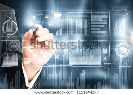 Hands drawing business interface on blurry background. Future and innovation concept. Double exposure 