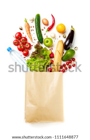 Picture of paper bag with vegetables, juice, orange, loaf