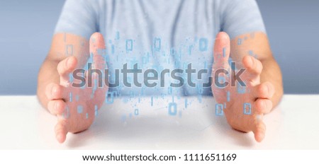 View of a Man holding Data binary cloud 3d rendering 