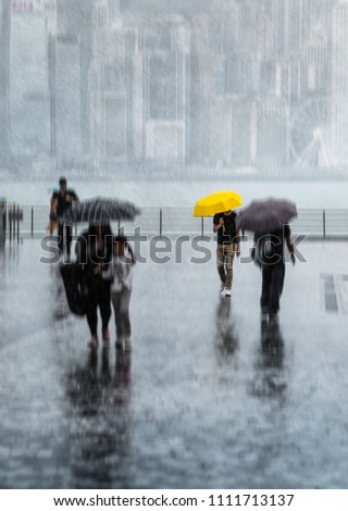 Blurred people with umbrellas walking by the street under the strong rain. Hong Kong Island in haze on background. Yellow umbrella. Royalty-Free Stock Photo #1111713137