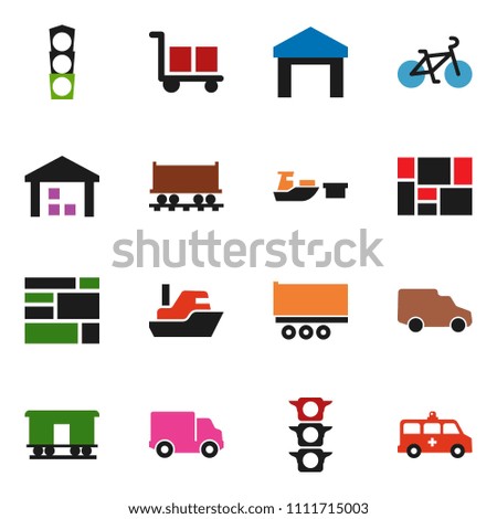 solid vector ixon set - bike vector, Railway carriage, traffic light, ship, truck trailer, delivery, car, port, consolidated cargo, warehouse, amkbulance