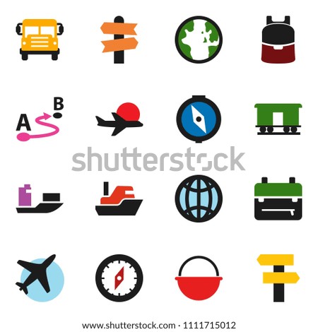 solid vector ixon set - camping cauldron vector, backpack, compass, school bus, world, signpost, plane, ship, route, Railway carriage, globe
