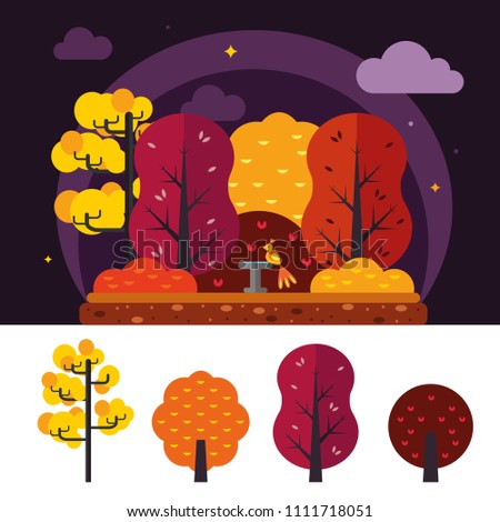 Beautiful magic forest with bright trees phoenix and fountain trees set