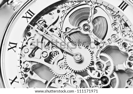 black and white close view of watch mechanism Royalty-Free Stock Photo #111171971