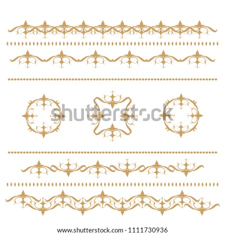 Set of seamless floral borders with a central element. Golden color. Can be used as a template for printing postcards or invitations, for textiles, engraving, wooden furniture. Vector.