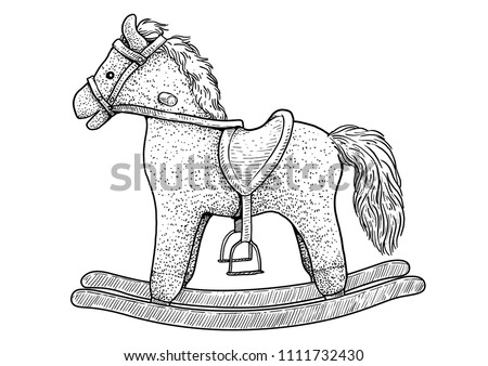 Rocking horse illustration, drawing, engraving, ink, line art, vector