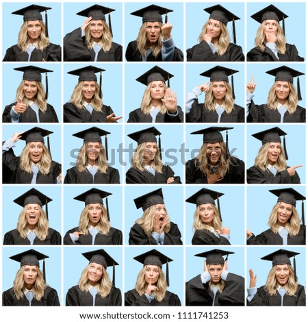 Young beautiful woman wearing graduation cap very happy doing gesture with face and hands. Composition.
