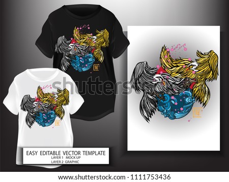 T shirt print design Japanese style black and Gold Eagle with sea and Sakura background. Mock up Black and white T shirt and Graphic printing. Vector illustration. Japanese Translation: Eagle
