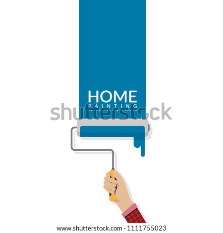 paint roller in hand painting blue color on empty wall with word HOME and copy space for your text or company name. house painting service, decor and repair. vector logo, label, emblem. flat design Royalty-Free Stock Photo #1111755023