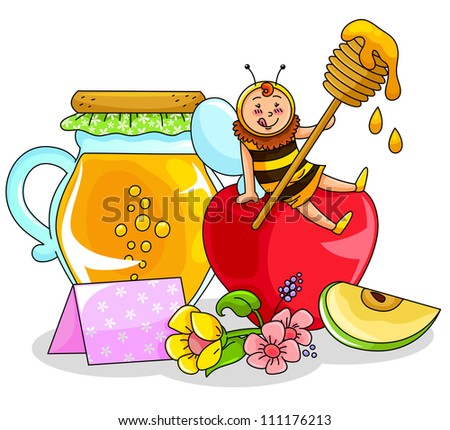 bee sitting on an apple next to a honey jar (symbols of the jewish new year). vector available in my gallery.