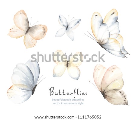 Collection of flying gentle butterflies blue, beige, brown and indigo colors. Vector illustration in vintage watercolor style. Template for your design.