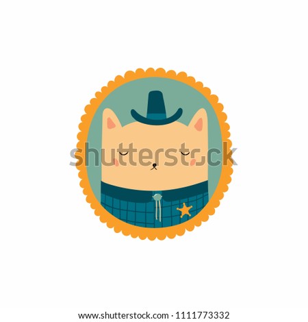 Hand drawn vector illustration of a cute funny portrait in a frame of sheriff cat. Isolated objects. Scandinavian style flat design. Concept for children print.