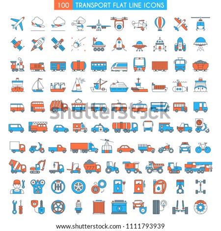 Vehicles big icons set. Transportation, cars, bikes, bus, trains, ships, space shuttle, rockets, public transport modern icons Flat line design icons collection . Vector illustration