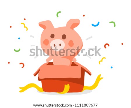 Vector color illustration of nice pink cartoon pig in open gift box with ribbon on white background. Hand drawn flat style design for web, site, greeting card, invitation, sticker, print