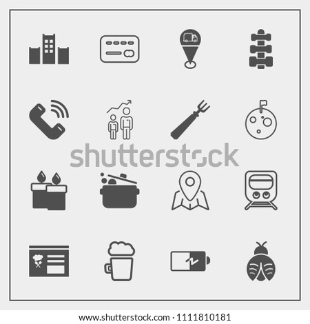 Modern, simple vector icon set with flame, pin, sign, call, vacation, butterfly, fitness, drink, alcohol, wax, travel, bank, money, phone, menu, railway, gym, electricity, kitchen, bug, cook icons