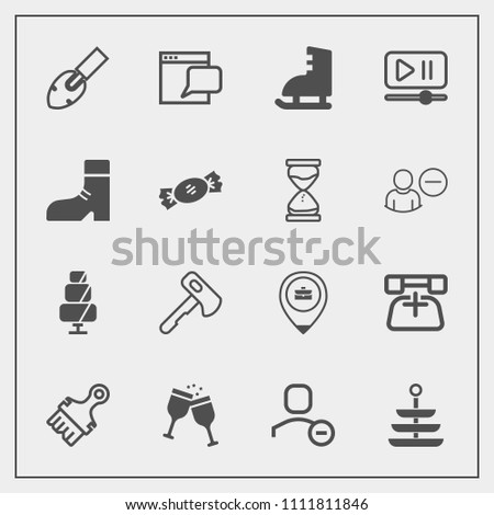 Modern, simple vector icon set with video, telephone, web, dinner, drink, alcohol, food, equipment, red, dessert, internet, screwdriver, winter, work, glass, shovel, button, communication, plate icons
